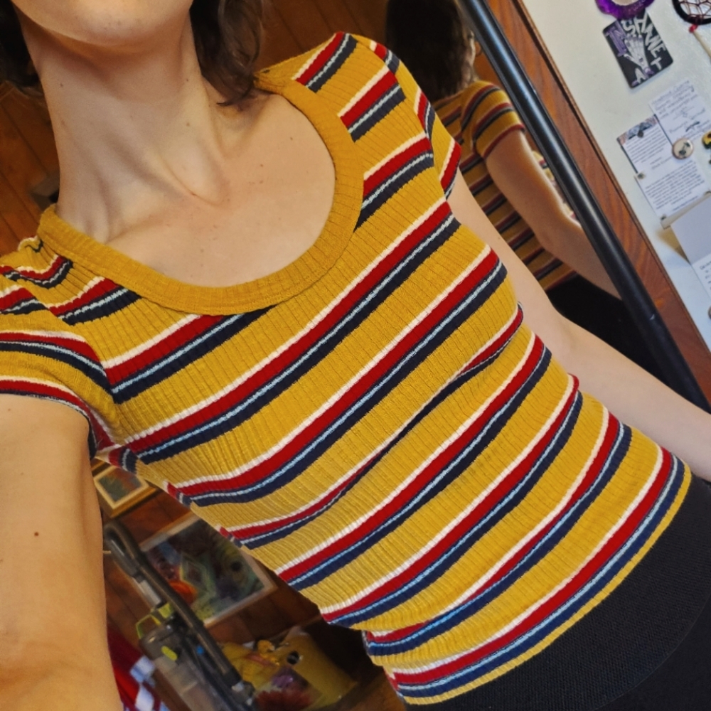 Yellow and red striped crop top